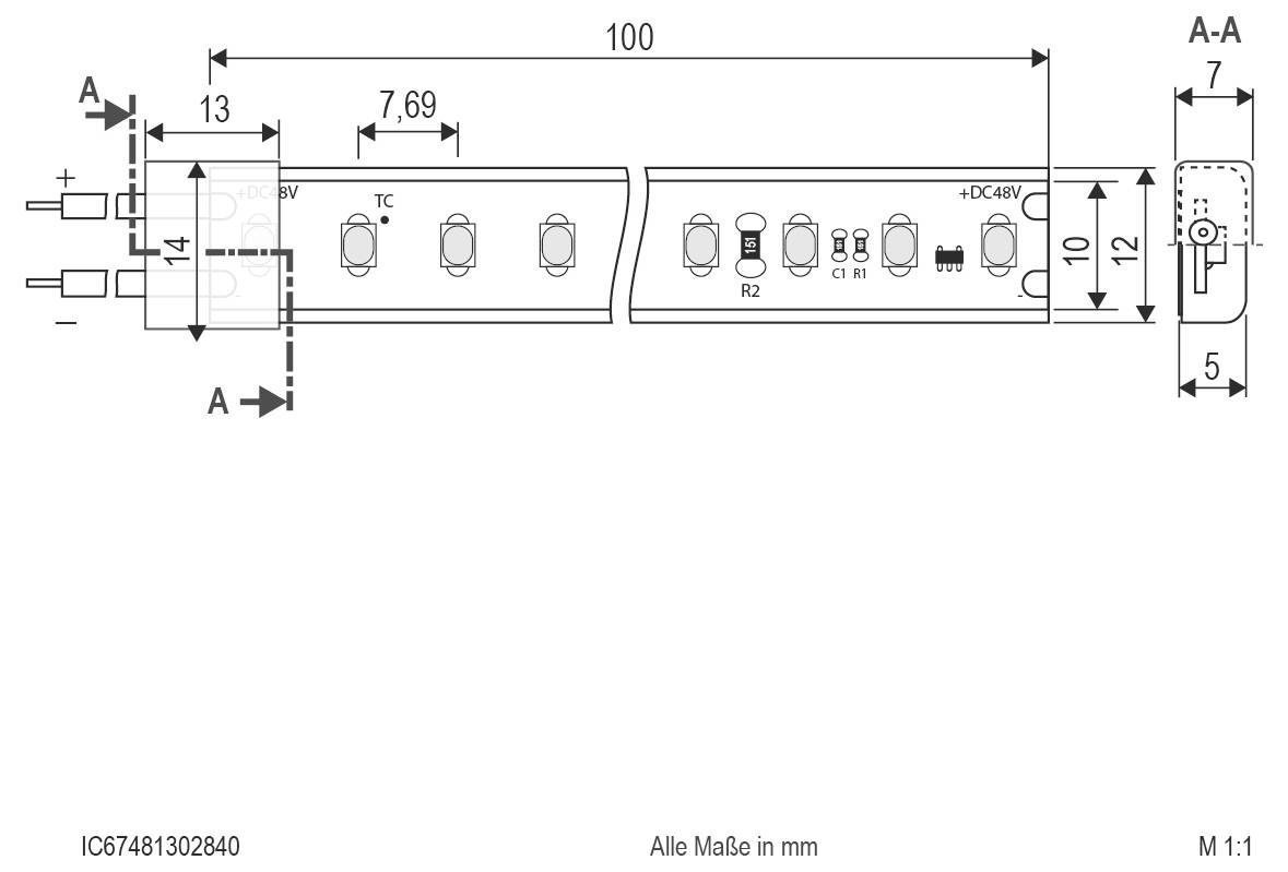 Maßstabgerechte technische Zeichnung einer LED-Leuchtenleiste, zeigt Draufsicht und Querschnittsansicht mit Montageorentierung und Abmessungen in Millimetern.