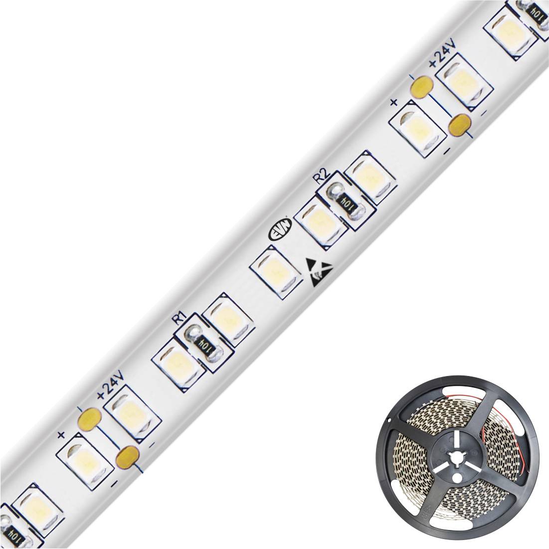 LED-Streifen mit 24V-Anschluss und einzelnen LED-Lämpchen. Kleine Rolle LED-Streifen neben den offenen Lämpchen sichtbar.
