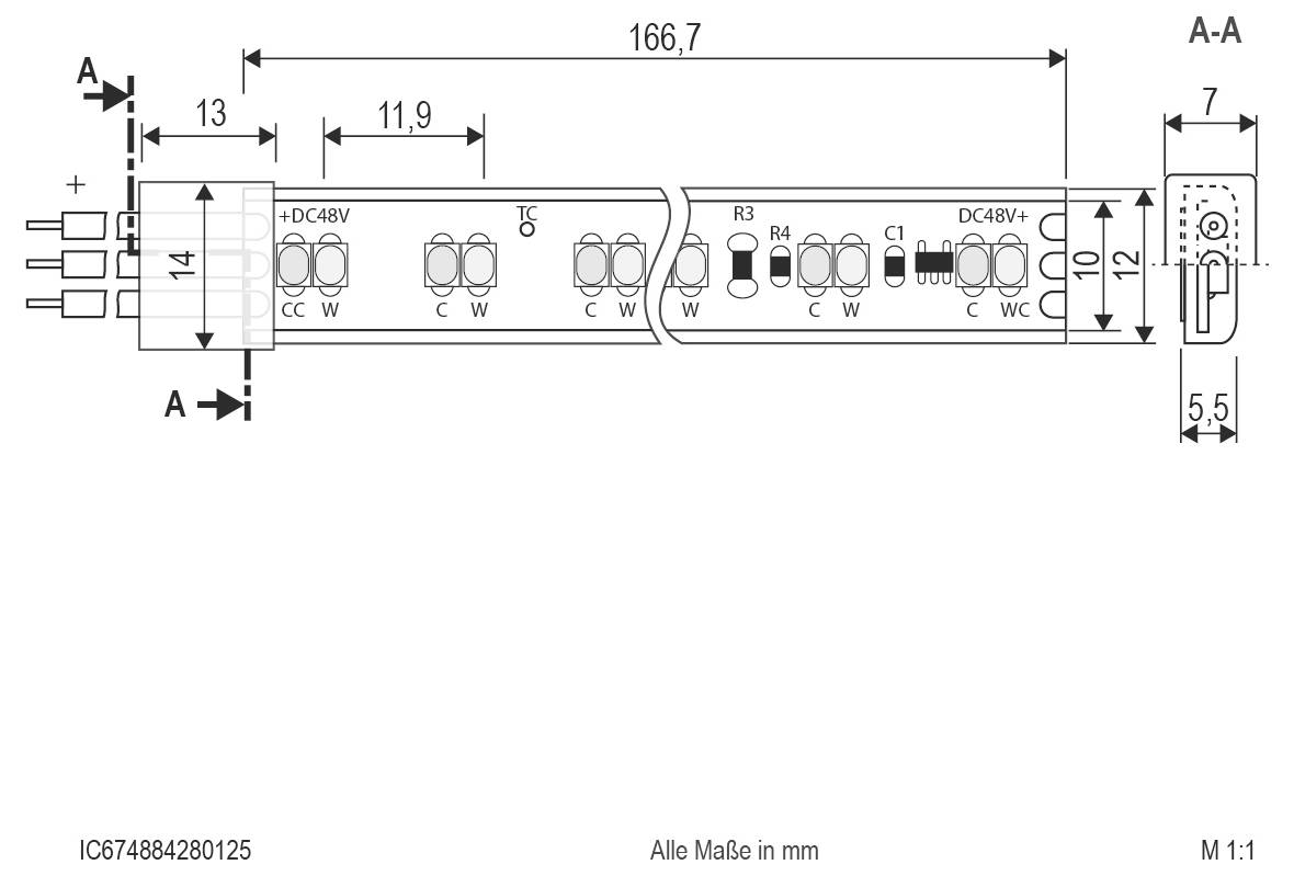 Technische Maßzeichnung einer zylindrischen LED-Lichtkomponente, die Draufsicht und Querschnittsansicht mit Maßangaben in Millimetern und Beschriftungen wie DC48V+, A-A und A zeigt.
