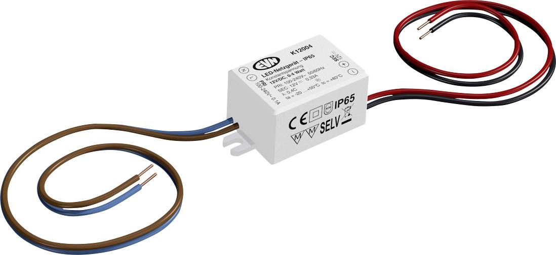 Kleines weißes Elektromodul mit blau-braunen Eingangsleitungen und rot-schwarzen Ausgangsleitungen, dargestellt als inline LED-Stromversorgung/Treiber.