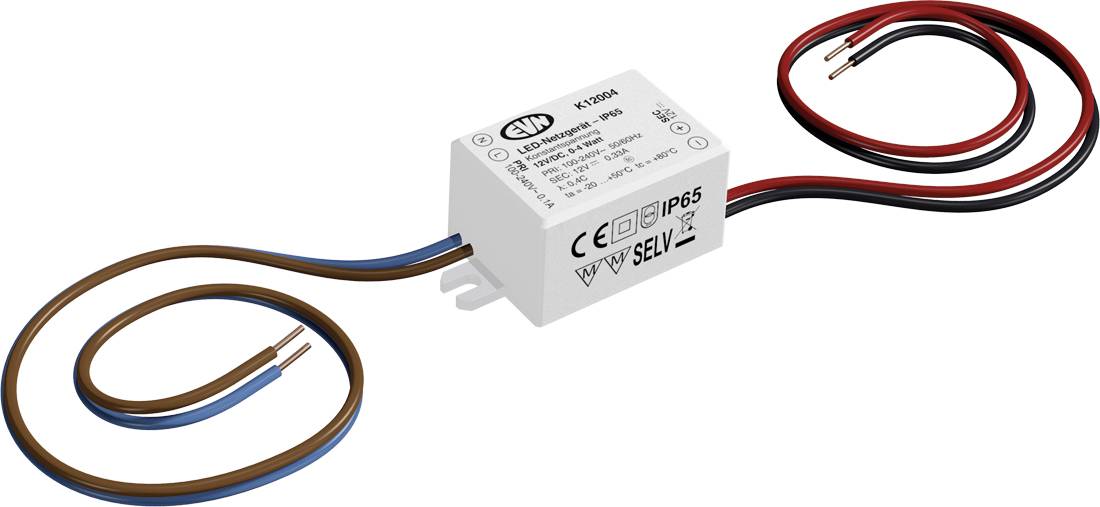 Kleines weißes LED-Stromversorgungsmodul mit blauen und braunen Eingangskabeln und roten/schwarzen Ausgangskabeln zum Anschluss der Elektroverkabelung.