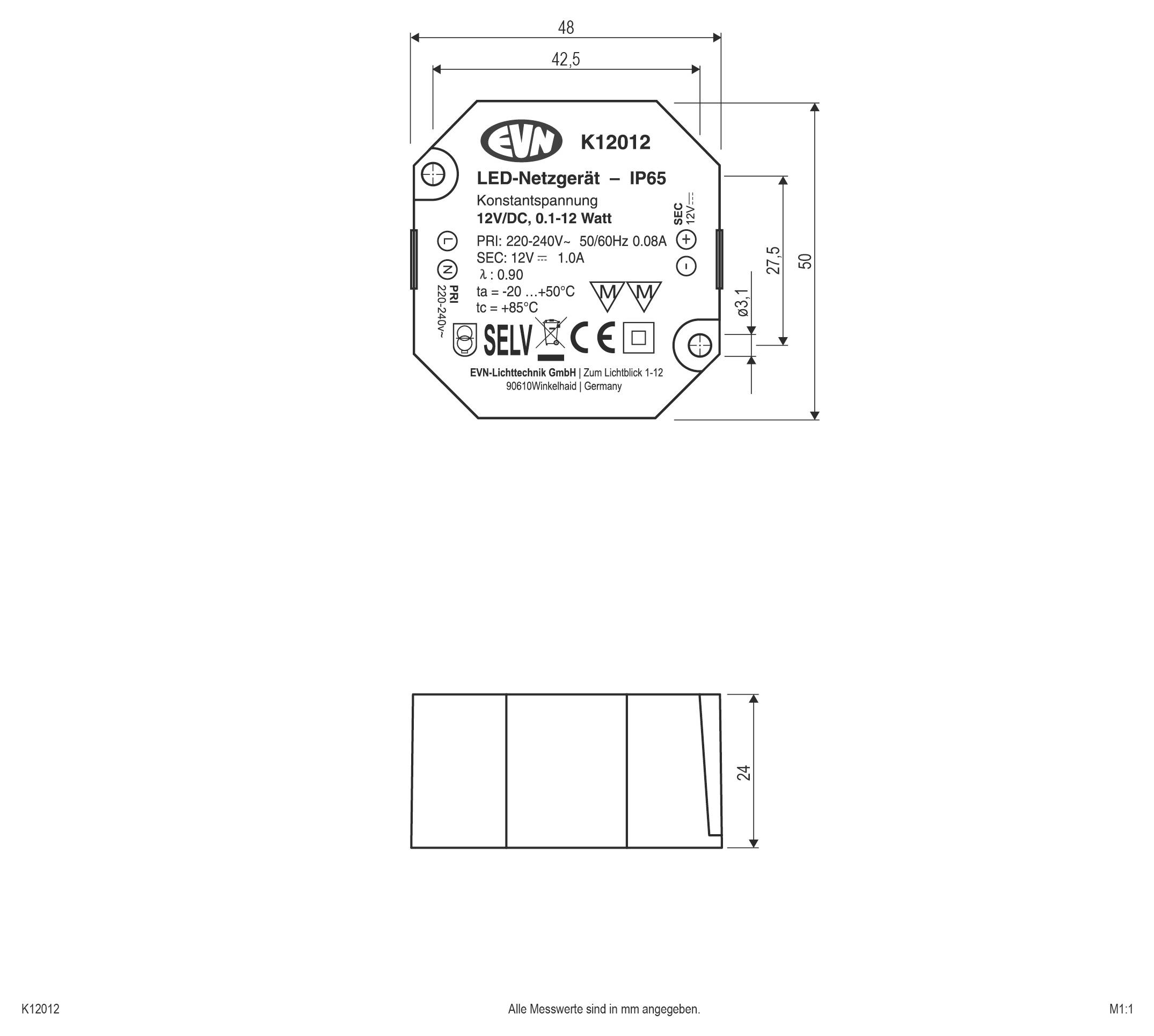 Technische Strichzeichnung einer LED-Flutleuchte mit Vorder- und Seitenansicht, die Abmessungen in Millimetern und einen Schwenkbereich von 270° zeigt.