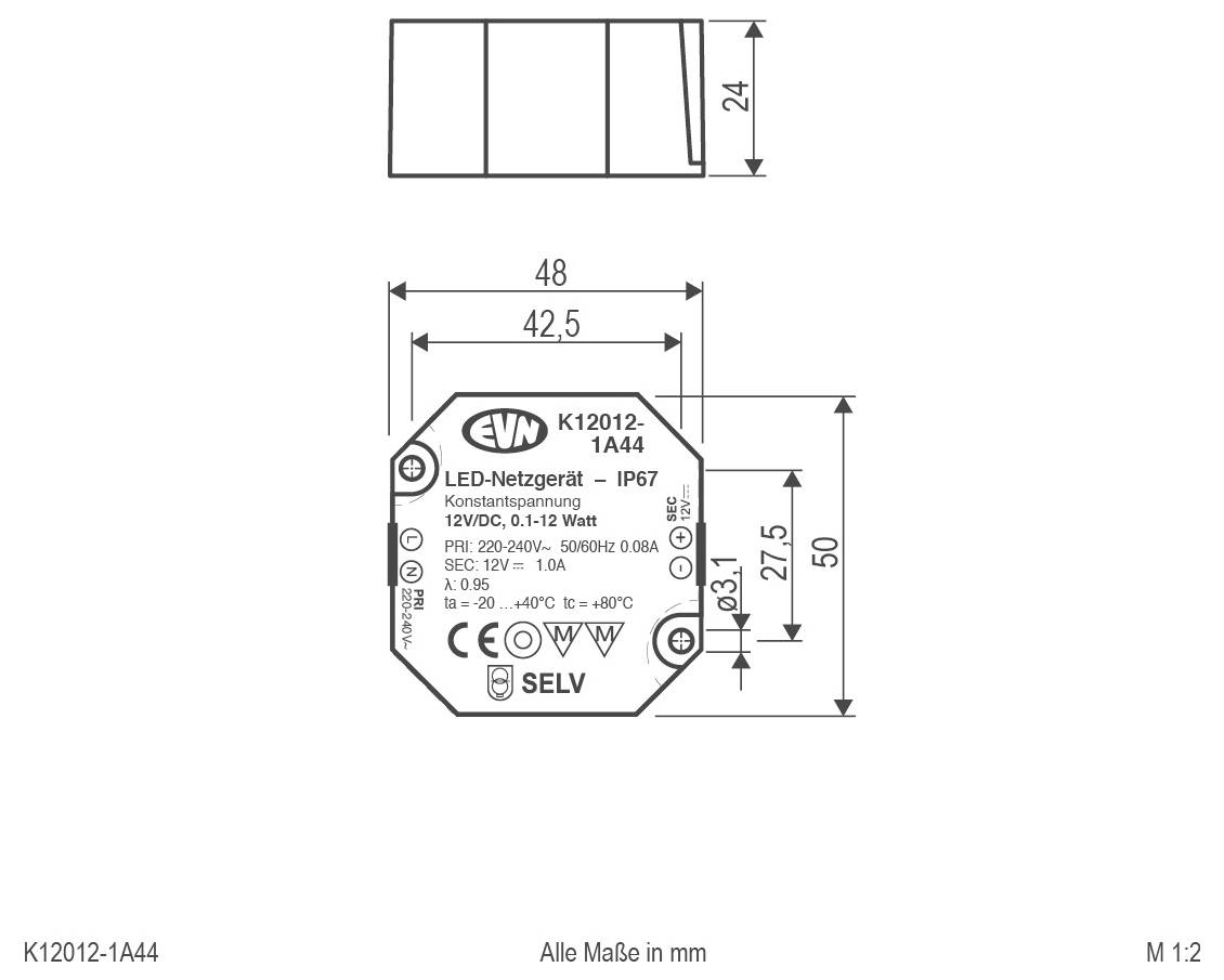 Maßzeichnung eines EVN K12012-1A44 LED-Stromversorgungsgeräts mit Vorder- und Seitenansichten mit Abmessungen in mm, einschließlich 48 mm Breite und 50 mm Höhe.