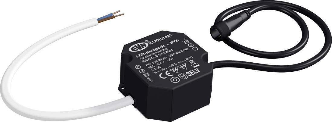 Schwarzes LED-Treiber-/Stromversorgungsmodul mit angebrachtem schwarzem Kabel und einem separaten weißen Kabel mit freiliegenden Drähten.