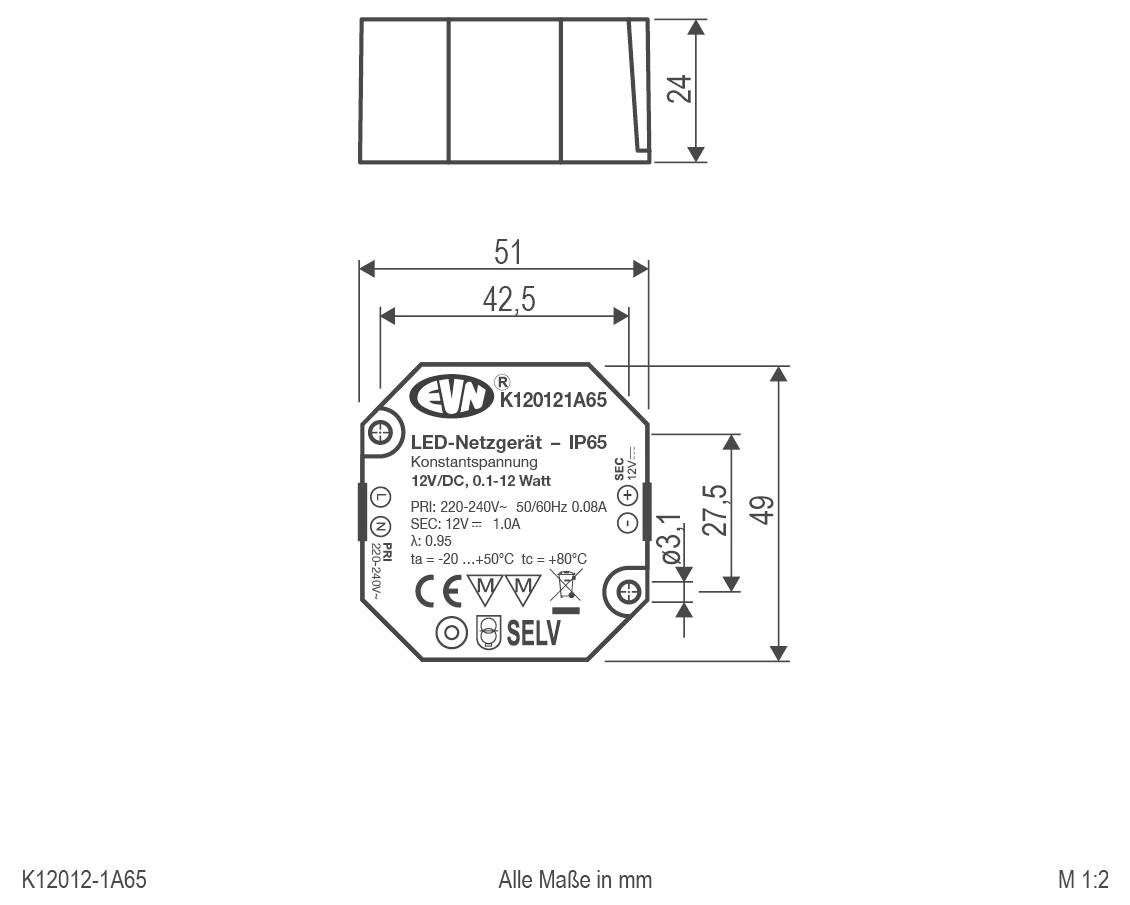 Technische Zeichnung eines EVN LED-Netzgeräts, Modell K120121A65, mit Abmessungen in mm und gekennzeichneten Spezifikationen: LED-Netzgerät IP65, Konstantspannung 12V DC, 12W.