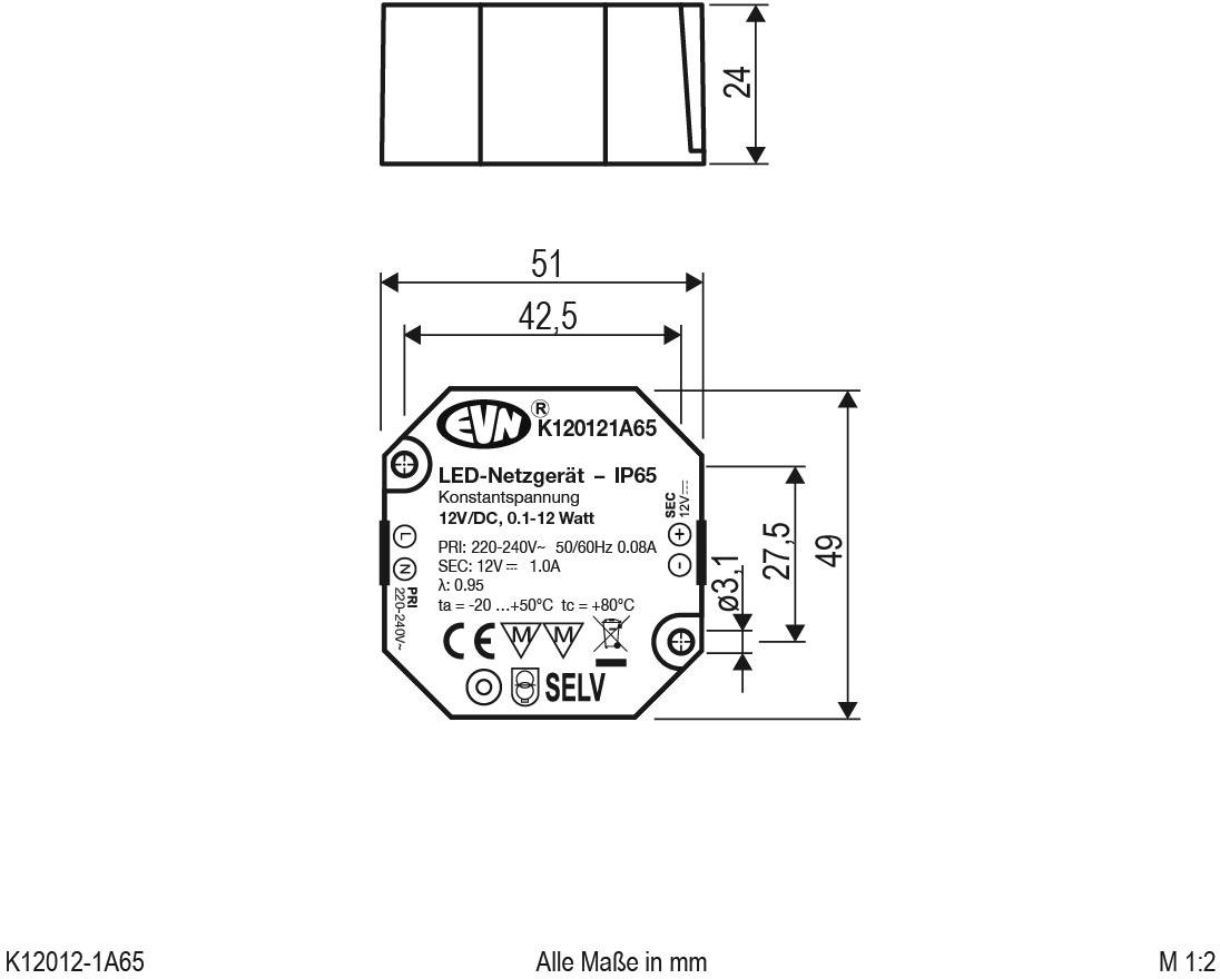 'LED-Netzgerät IP65' von EVN, zeigt Anschlüsse und Abmessungen: Breite 51 mm, Höhe 42,5 mm, Tiefe 24 mm. Spannung 12V/DC, Leistung 0-12 Watt.