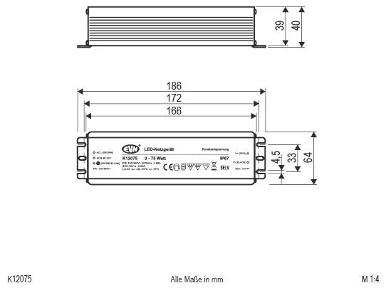 Technische Zeichnung einer LED-Stromversorgung mit Seiten- und Vorderansicht mit Abmessungen in Millimetern, einschließlich Längen-, Höhen- und Breitenmessungen.
