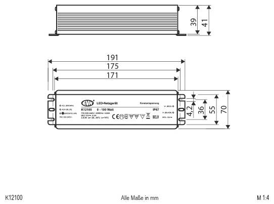 Technische Maßstabszeichnung eines rechteckigen LED-Transformators mit Seiten- und Draufsichten und Abmessungen in mm, einschließlich einer Länge von 191 mm und einer Breite von 70 mm.