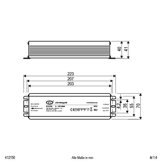 Technische Zeichnung eines LED-Netzteils von EWI, Modell K12150, mit Maßangaben in Millimetern: Länge 223 mm, Breite 41 mm, Höhe 30 mm.