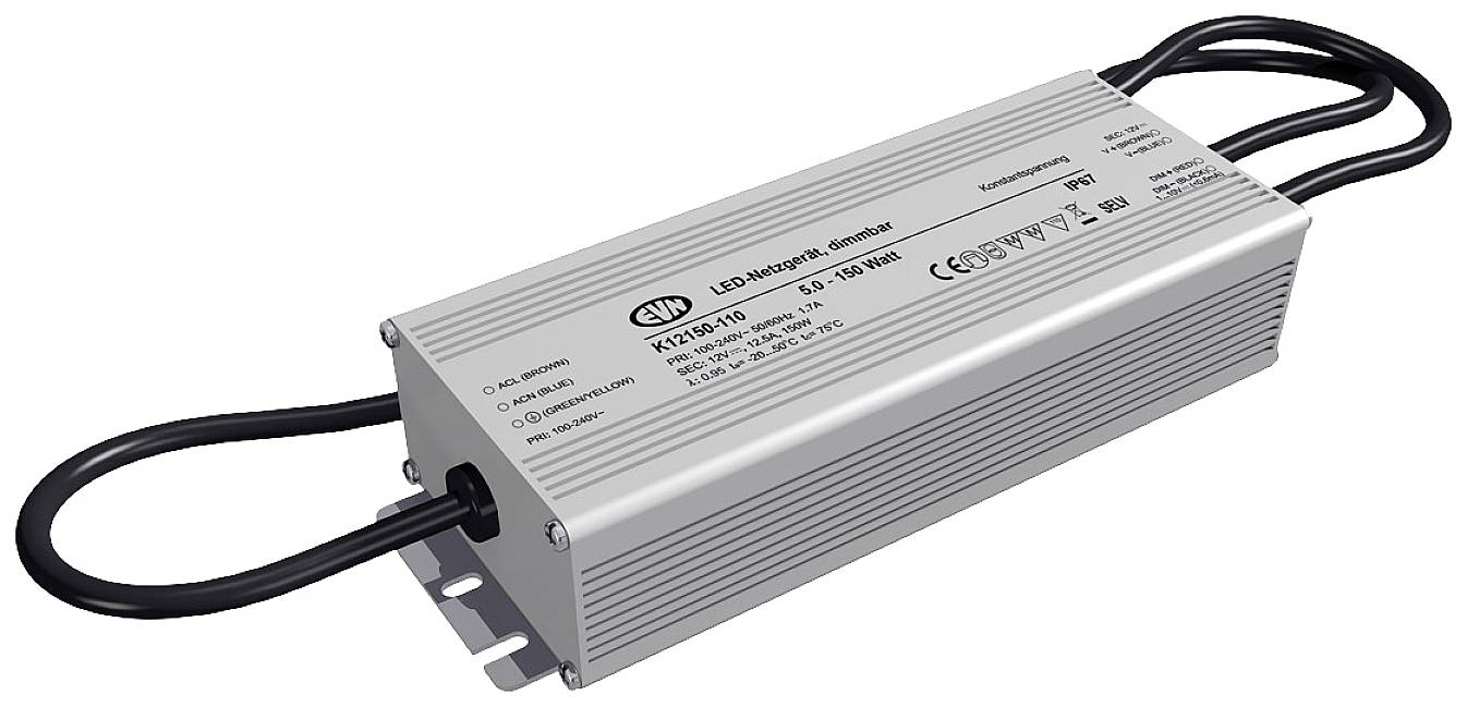 Elektronisches Gerät mit den Aufschriften 'LED-Netzteil', Modellnummer und technischen Spezifikationen. Verbindungskabel an beiden Enden.