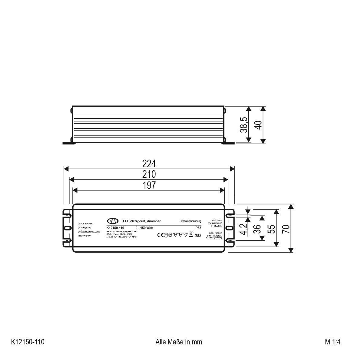 Technische Zeichnung eines LED-Treibers mit Maßen: Länge 224 mm, Breite 70 mm, Höhe 38 mm; alle Maße in Millimetern.
