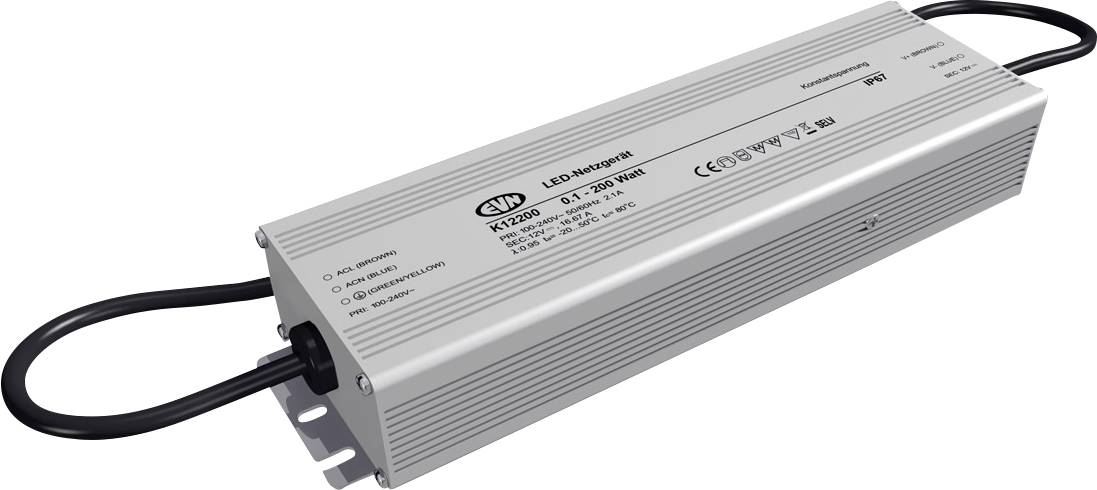 Metallisches rechteckiges LED-Treibergehäuse mit schwarzem Kabel an beiden Enden, relevante Informationen auf der Oberseite aufgedruckt.