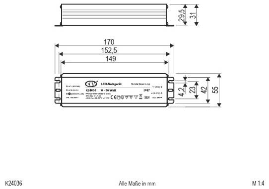 Technische Maßzeichnung von zwei verbundenen rechteckigen LED-Modulen, gekennzeichnet mit Abmessungen 57 mm breit, 13 mm hoch und 95 mm Abstand zwischen den Einheiten; Maßstab 1:2.