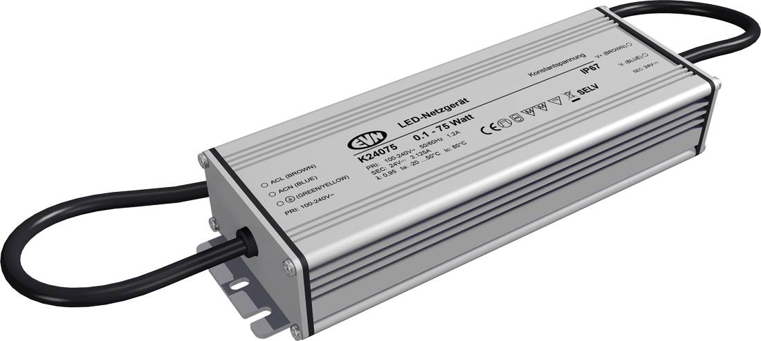 Silbernes LED-Treiber-Netzteil aus Metall mit schwarzen Kabeln, gezeigt auf weißem Hintergrund.