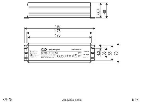 Technische Zeichnung einer LED-Stromversorgung mit Seiten- und Draufsicht mit Abmessungen in Millimetern, einschließlich 192, 175, 170, 70, 55, 38,5, 42 und 40 mm.