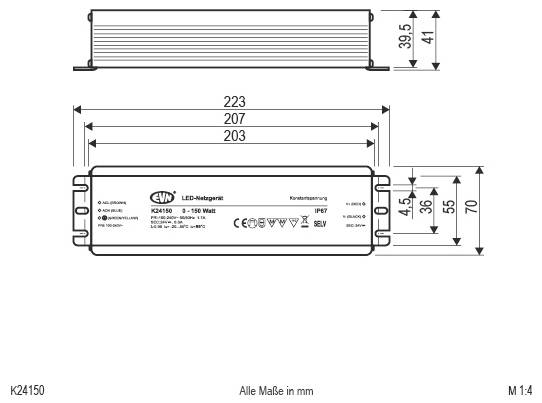 Maßstabgerechte technische Zeichnung eines LED-Treibers mit Vorder- und Seitenansicht mit Abmessungen in Millimetern, einschließlich Länge 223 und Höhe 70.