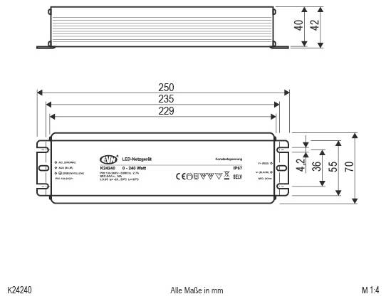 Technische Zeichnung einer LED-Stromversorgung, die Vorder- und Seitenansichten mit Schlüsseldimensionen in Millimetern zeigt: 250 x 70 Gesamtgröße, 42 mm Höhe und Befestigungsmessungen.