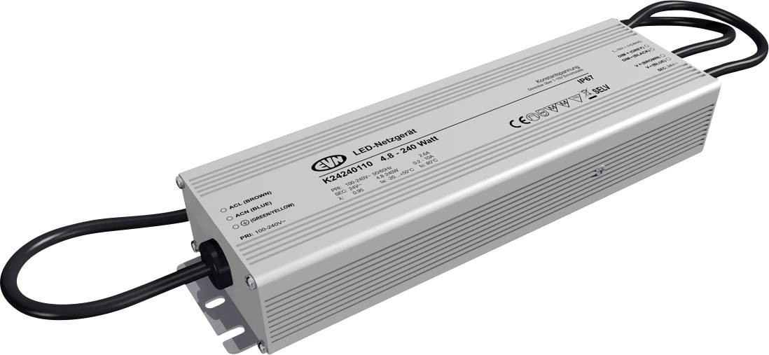 LED-Netzteil mit Aluminiumgehäuse, Modell K3240H12. Eingang 90-305V, Ausgang 12V bei 20A. Geeignet für LED-Beleuchtungssysteme.