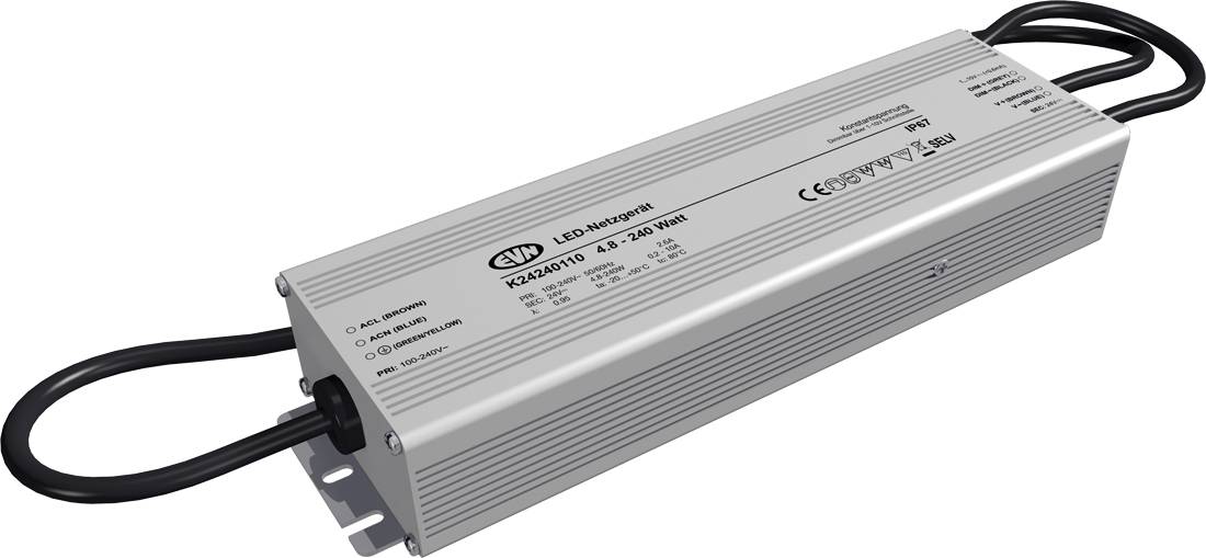 Silbernes LED-Stromversorgungsgerät in einem gerippten Metallgehäuse mit angebrachten schwarzen Kabeln und Befestigungshalterung.