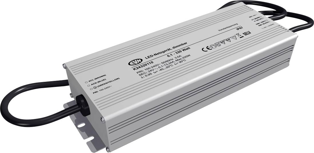 Ein silberfarbenes LED-Netzteil mit schwarzem Kabel zur Stromversorgung von LED-Lampen. Auf der Oberseite sind technische Spezifikationen aufgedruckt.