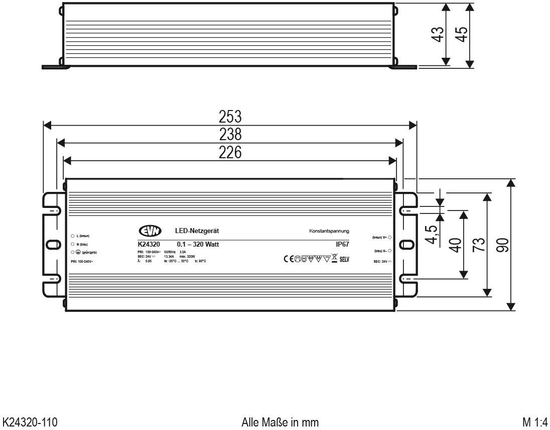 Technische Zeichnung eines LED-Netzteils mit der Modellbezeichnung K24320, zeigt Dimensionen: Länge 253 mm, Breite 90 mm, Höhe 45 mm. Maße in mm angegeben.
