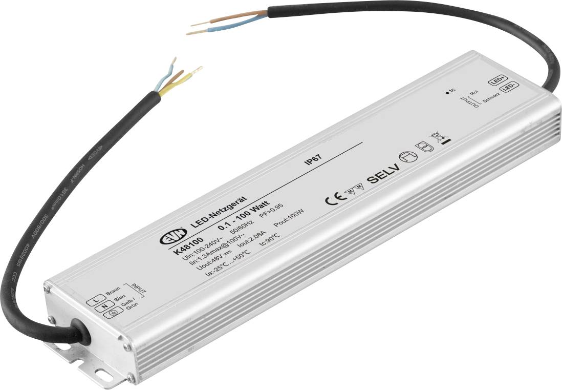 Ein rechteckiges LED-Netzteil mit silbernem Gehäuse und zwei Kabeln. Geeignet für den Betrieb von LED-Leuchten mit Schutzart IP67.