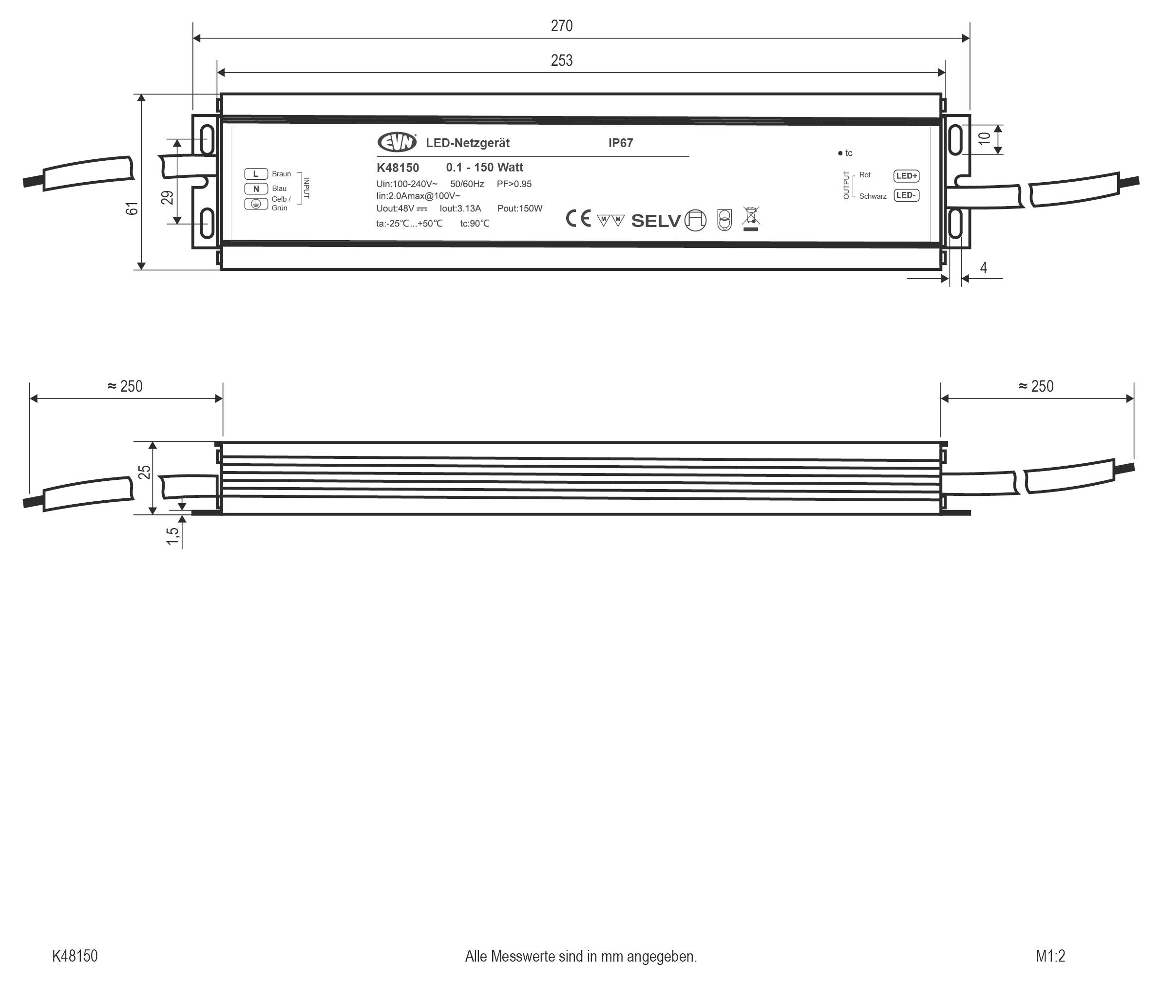 Technische Zeichnung eines runden elektrischen Schaltermechanismus, dargestellt in Seiten- und Vorderansicht mit Installationsabmessungen und Anschlussplan.