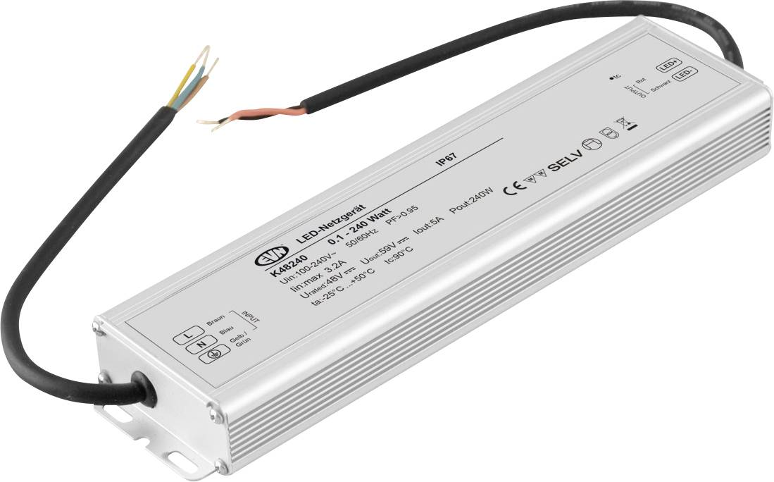 Ein rechteckiges LED-Netzteil in einem Metallgehäuse mit offenliegenden, unterschiedlich farbigen Kabeln für elektrische Anschlüsse.