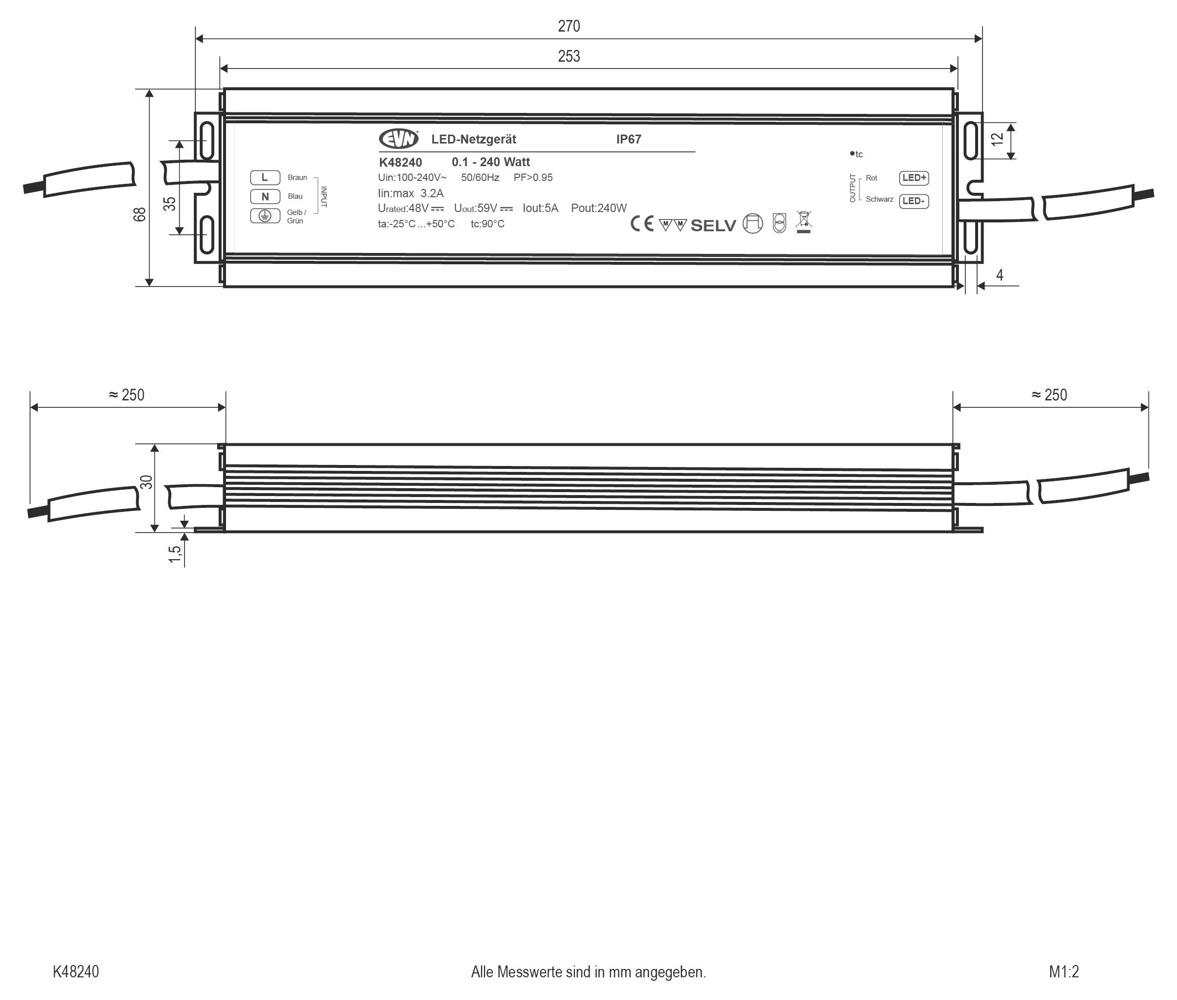 Technische Abmessungszeichnung eines LED-Netzteils mit Front- und Seitenansichten, die Abmessungen in Millimetern und Modell K24320-110 zeigen.