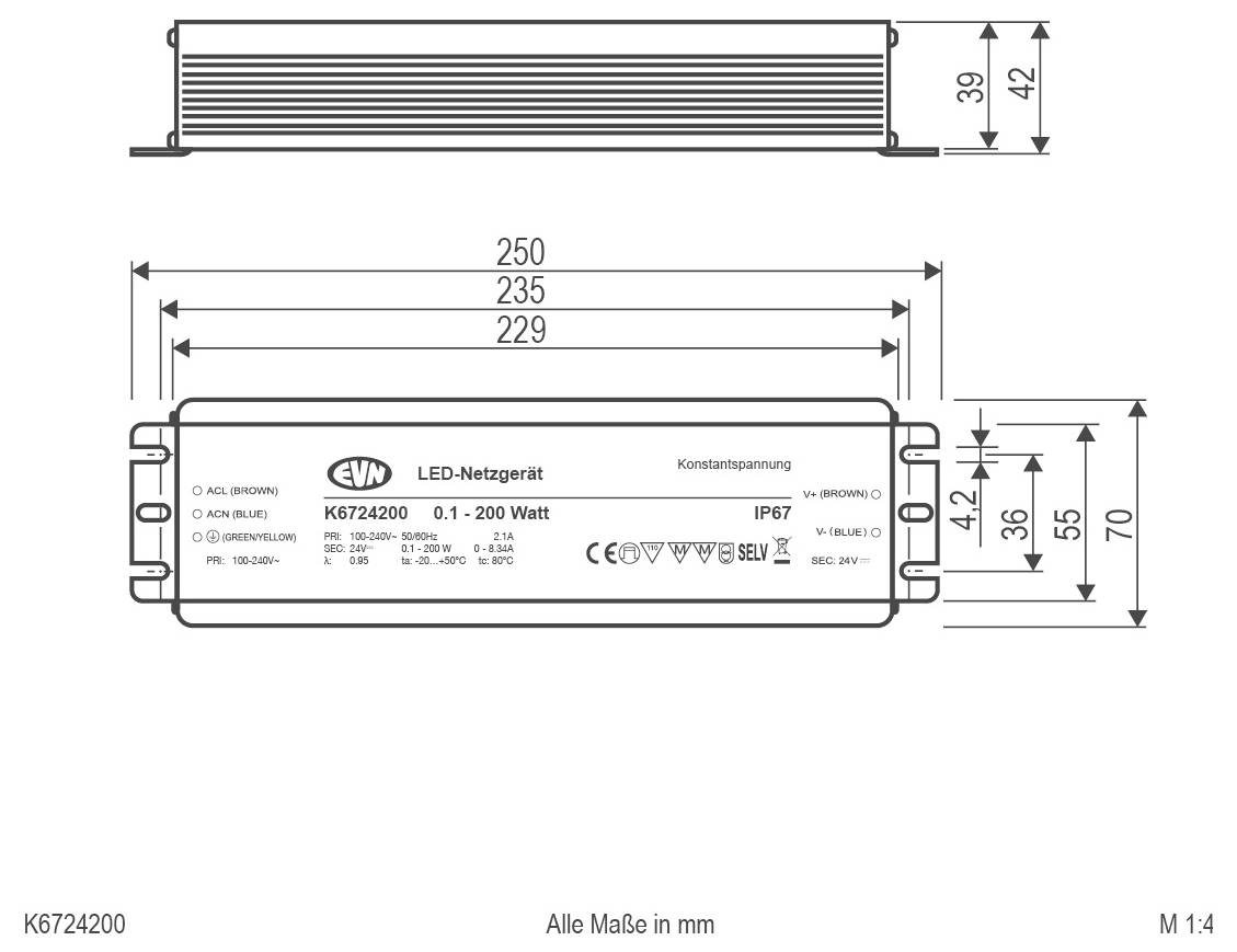 Technische Maßstabzeichnung eines rechteckigen Panels, 1000 mm hoch und 36 mm breit, mit einem Querschnitt, der Details zur Wandstärke von 2,5 mm und 4,4 mm zeigt.