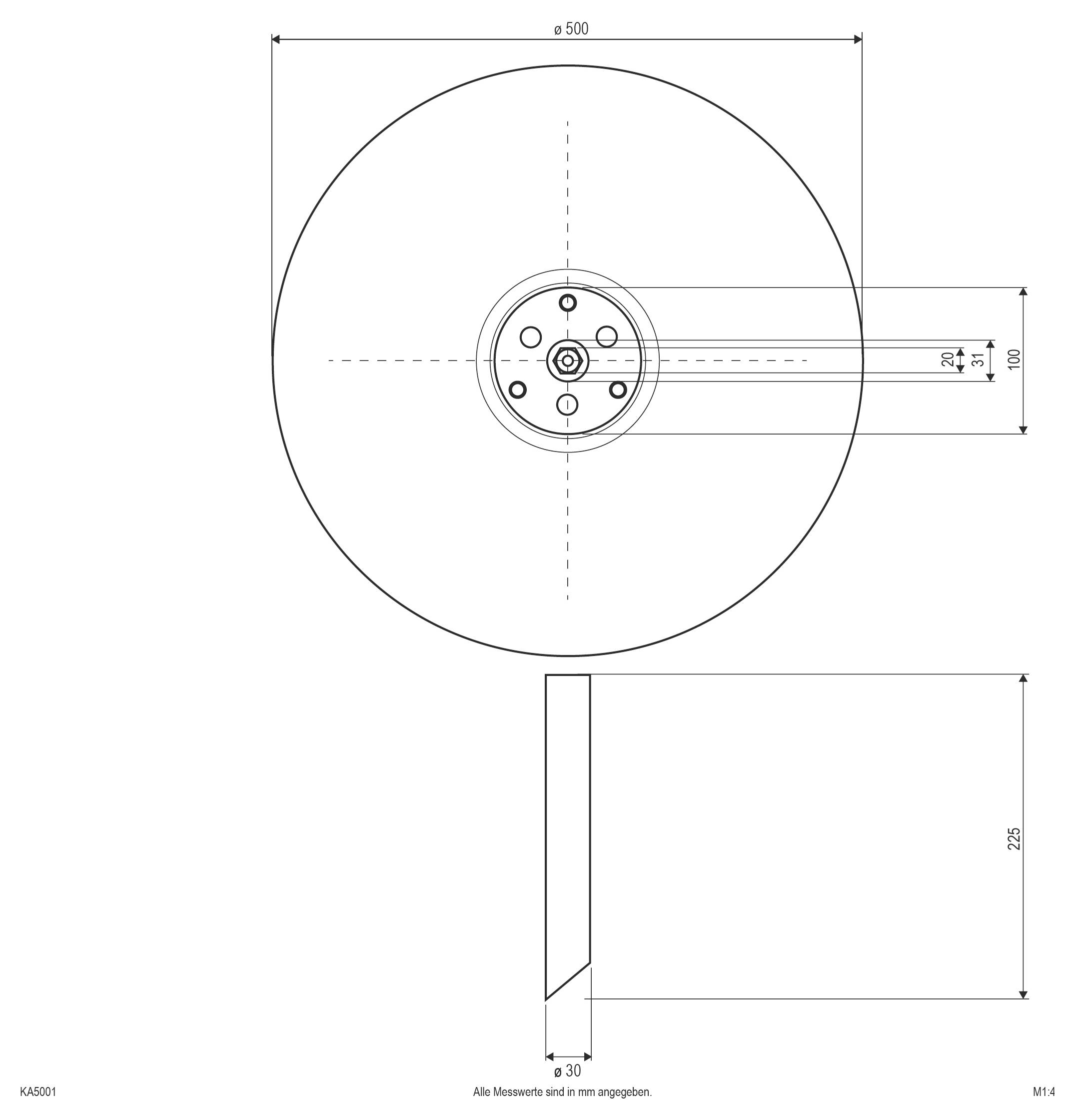 Technische Zeichnung eines großen Rades mit zentraler Nabe und vorstehenden Arm, mit Abmessungen: 500 mm Durchmesser, 100 mm Nabe, 225 mm Armlänge, 30 mm Breite.
