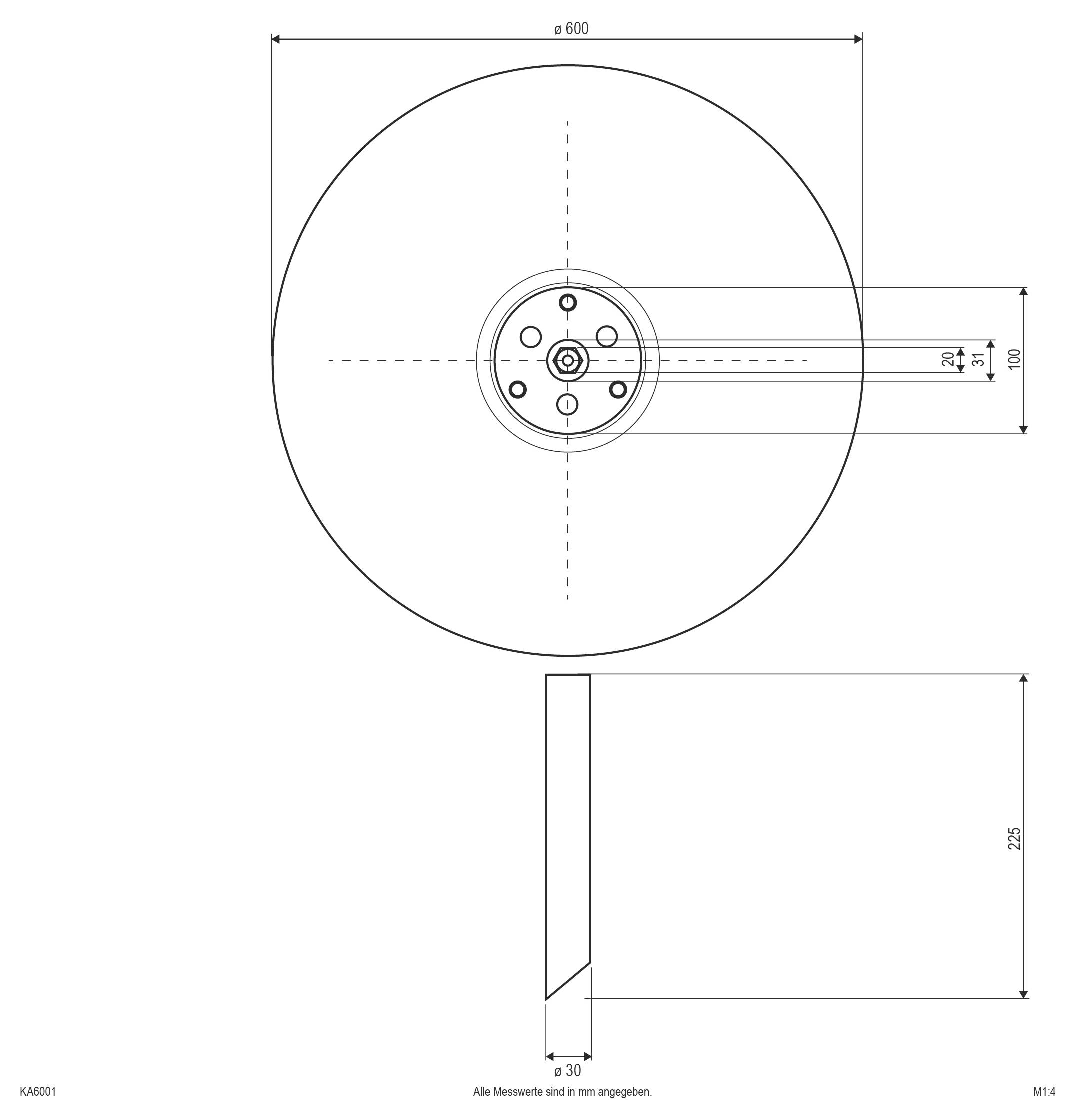 Technische Zeichnung eines kreisförmigen Teils mit 600 mm Durchmesser, zentraler Montagenabe und Seitenarm; die Ansicht von unten zeigt eine Höhe von 225 mm und eine Breite von 30 mm.
