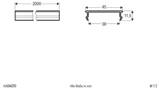 Technische Zeichnung eines 2000 mm langen Nutschienenprofils mit Querschnittabmessungen von 45 mm Breite, 38 mm Innenbreite und 11,5 mm Höhe.