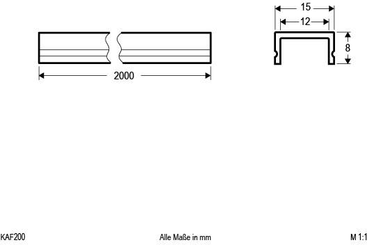 Technische Zeichnung eines rechteckigen Profils mit den Maßen: 15 mm Breite, 12 mm Innenbreite, 8 mm Höhe, 2000 mm Länge. Alle Maße in mm.