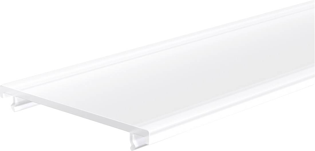 Weiße transluzente LED-Lichtdiffusor-Platte mit Seitenklemmen, dargestellt in Perspektive auf neutralem Hintergrund.