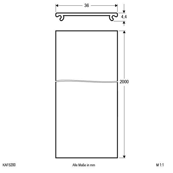 Technische Zeichnung eines Profils: Oben eine schmale, horizontale Form von 36 mm Breite und 4,4 mm Höhe; darunter ein rechteckiger Bereich von 2000 mm Höhe.