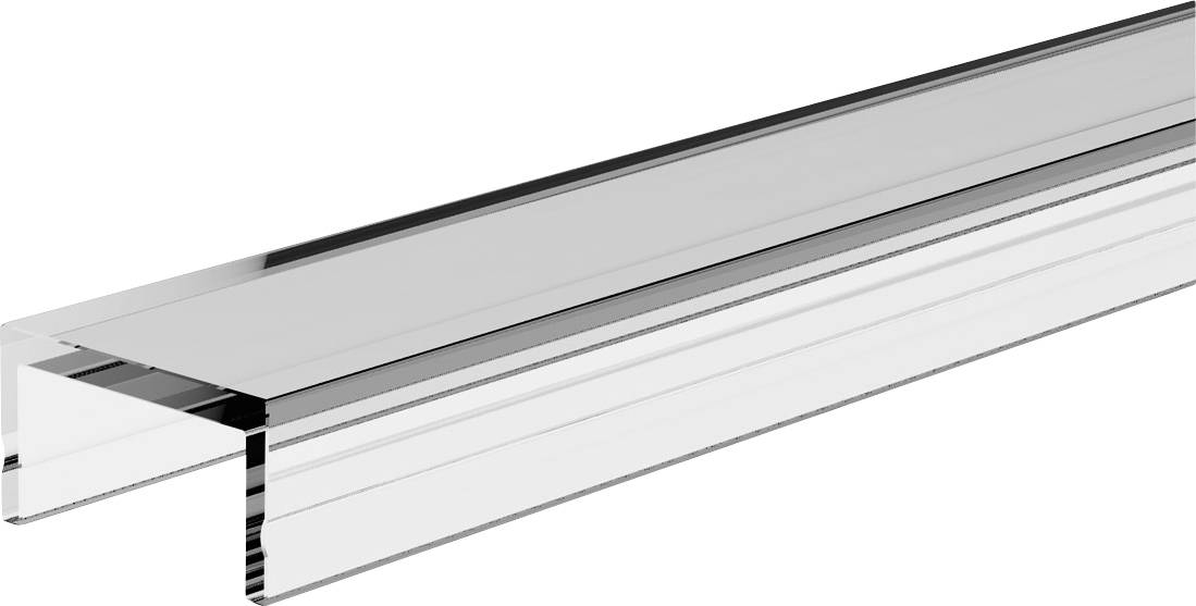 Nahaufnahme eines klaren Acryl- oder Glaskanals/Schutzstreifens mit schwarzem Rand, gezeigt auf weißem Hintergrund.