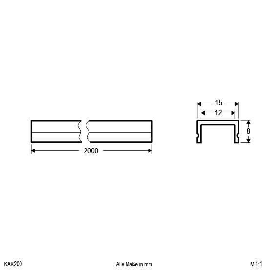 Technische Zeichnung eines Profils mit Maßen: 2000 mm Länge, 15 mm Breite, 12 mm Innenbreite, 8 mm Höhe. Maßstab 1:1.