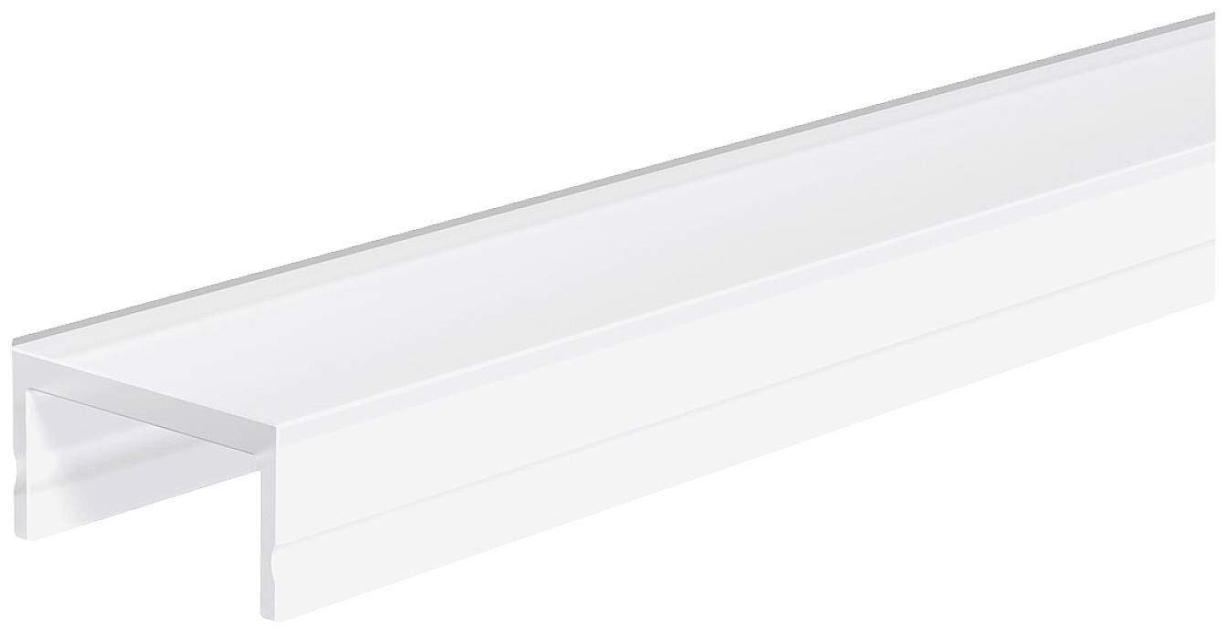 Ein weißes Kunststoffprofil in U-Form, möglicherweise ein Abdeckprofil oder Kabelkanal, liegt horizontal auf einer weißen Fläche.