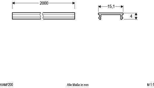 Technische Zeichnung eines Profils mit Maßen: Länge 2000 mm, Breite 15,1 mm, Höhe 4 mm. Maßstab 1:1. Alle Maße in mm.