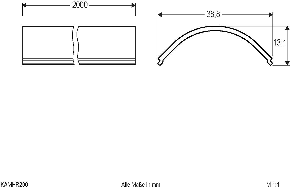 Technische Zeichnung eines Bauteils: Länge 2000 mm, Breite 38,8 mm, Höhe 13,1 mm. Seitliche Ansicht zeigt gekrümmtes Profil.