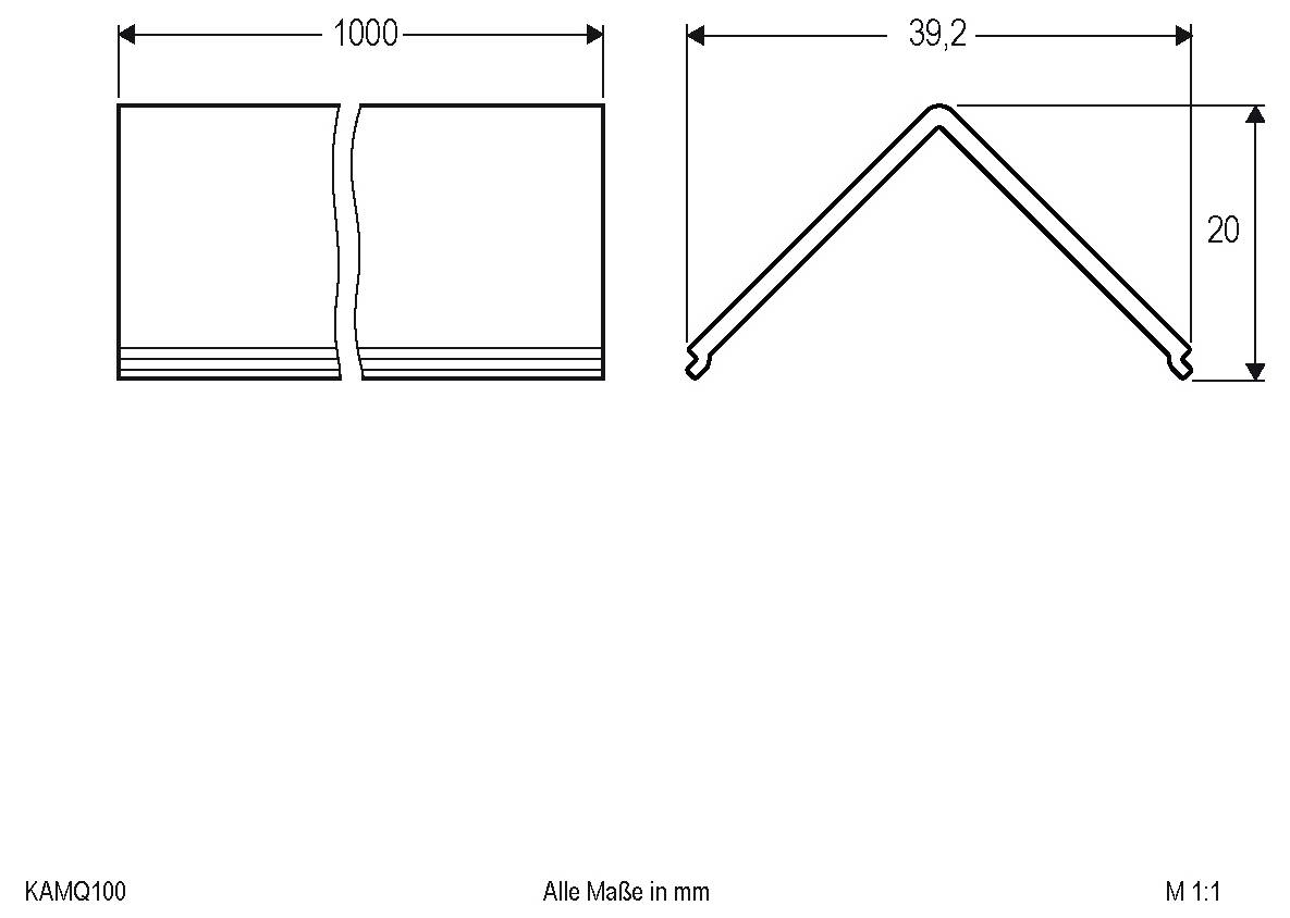 Technische Maßzeichnung eines 1000 mm breiten Faltprofils, das einen V-förmigen Querschnitt von 39,2 mm Breite und 20 mm Höhe zeigt, mit allen Abmessungen in mm beschriftet.