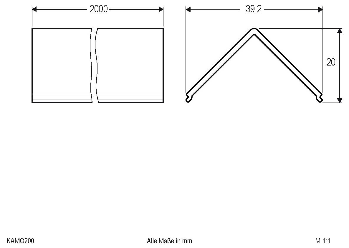 Technische Zeichnung eines gefalteten Paneels/Dachkantenprofils, 2000 mm breit und 39,2 mm mal 20 mm hoch, mit allen Abmessungen in Millimetern.