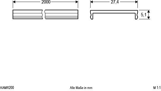 Technische Zeichnung eines Metallprofils mit Maßen: Länge 2000 mm, Breite 27,4 mm, Höhe 5,1 mm. Alle Maße in Millimetern.