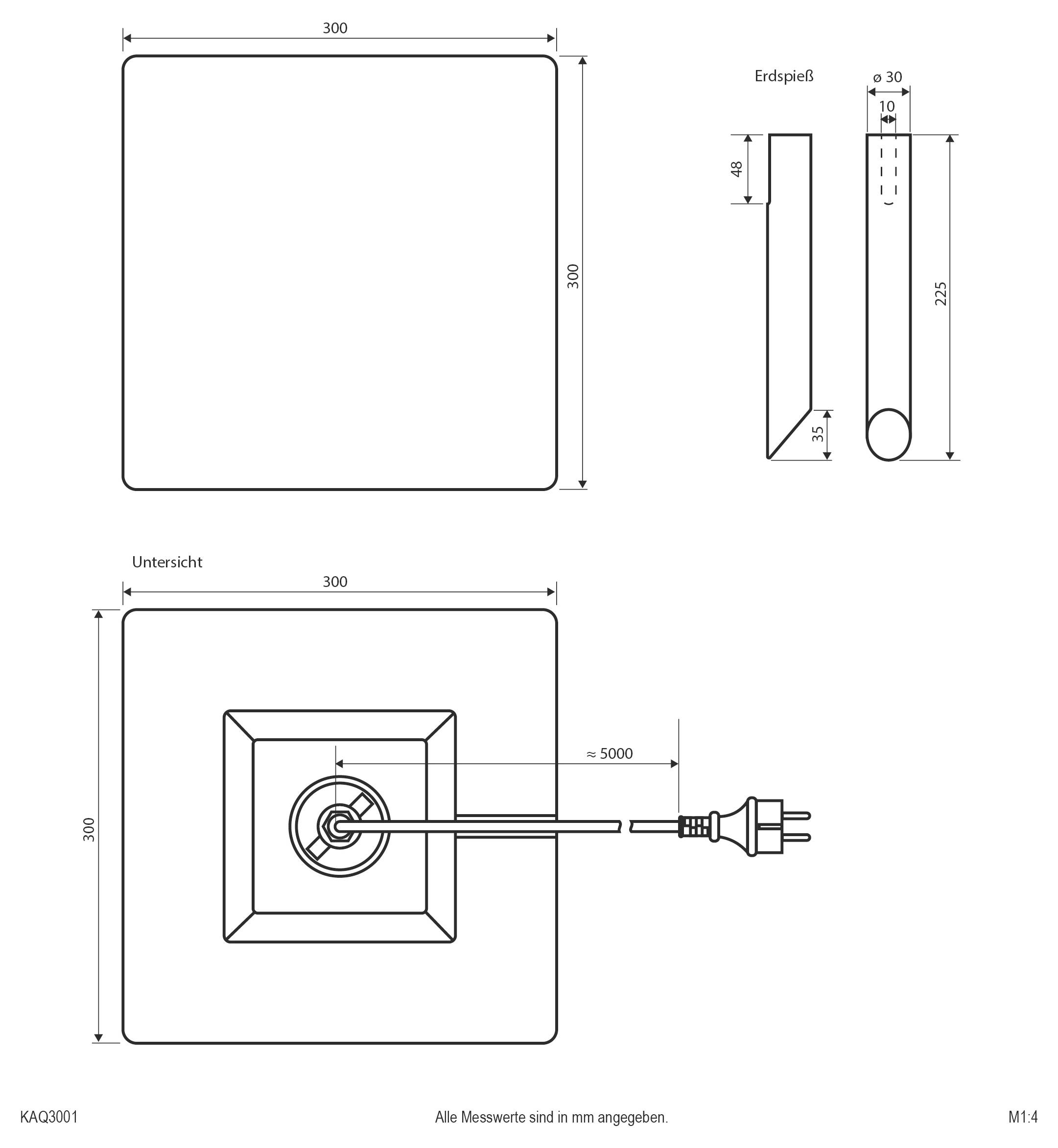 Technische Zeichnung einer 300 x 300 mm großen quadratischen Platte mit abgerundeten Ecken, mit Maßangaben, einer Kantenprofil und einer Unteransicht mit zentralem Kabelauslass und Stecker.