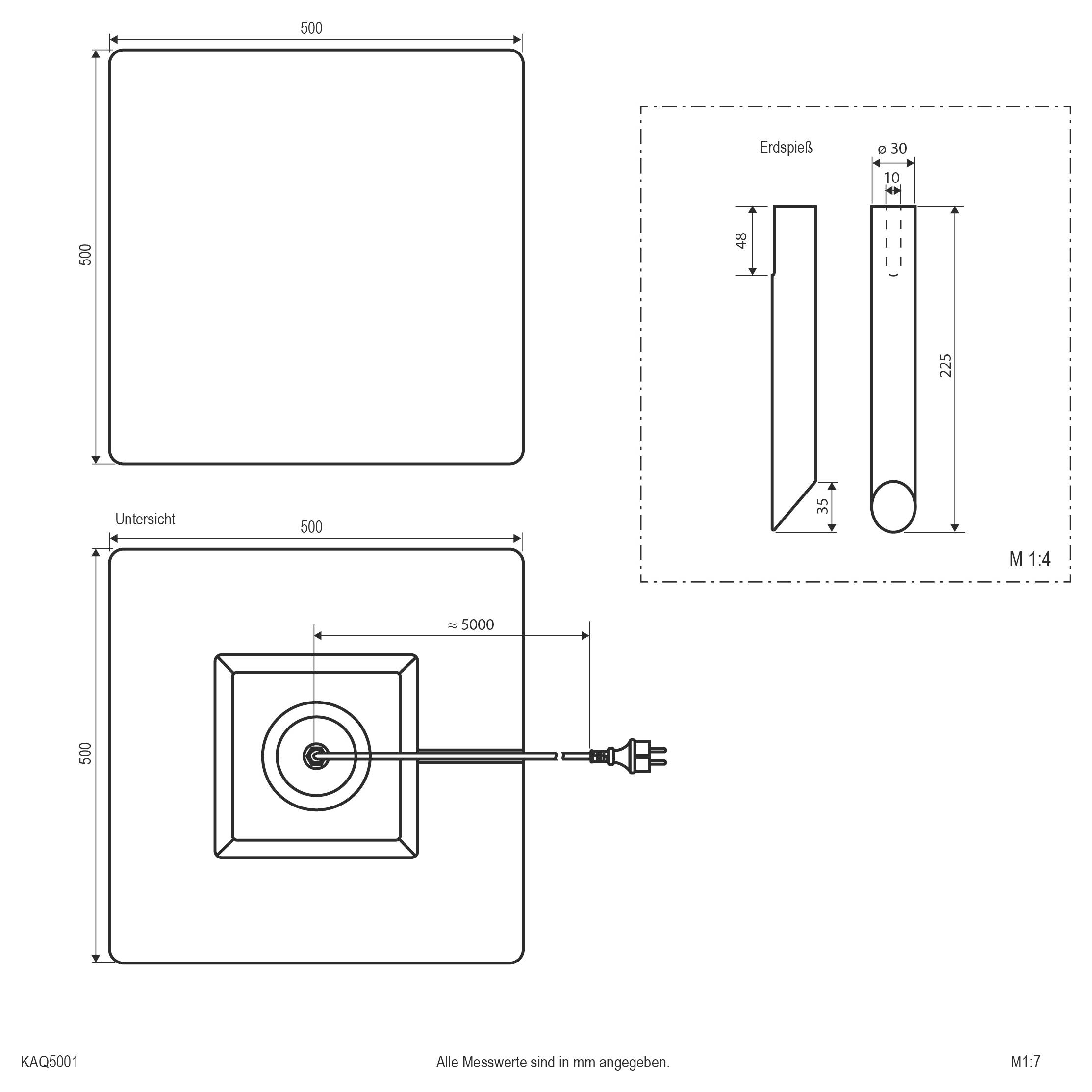 Technische Maßzeichnung eines quadratischen Elektropanels mit abgerundeten Ecken, 500 mm x 500 mm, mit Draufsicht und Unterseiteansicht sowie eine Detailvergrößerung der Sonden-/Teilabmessungen.