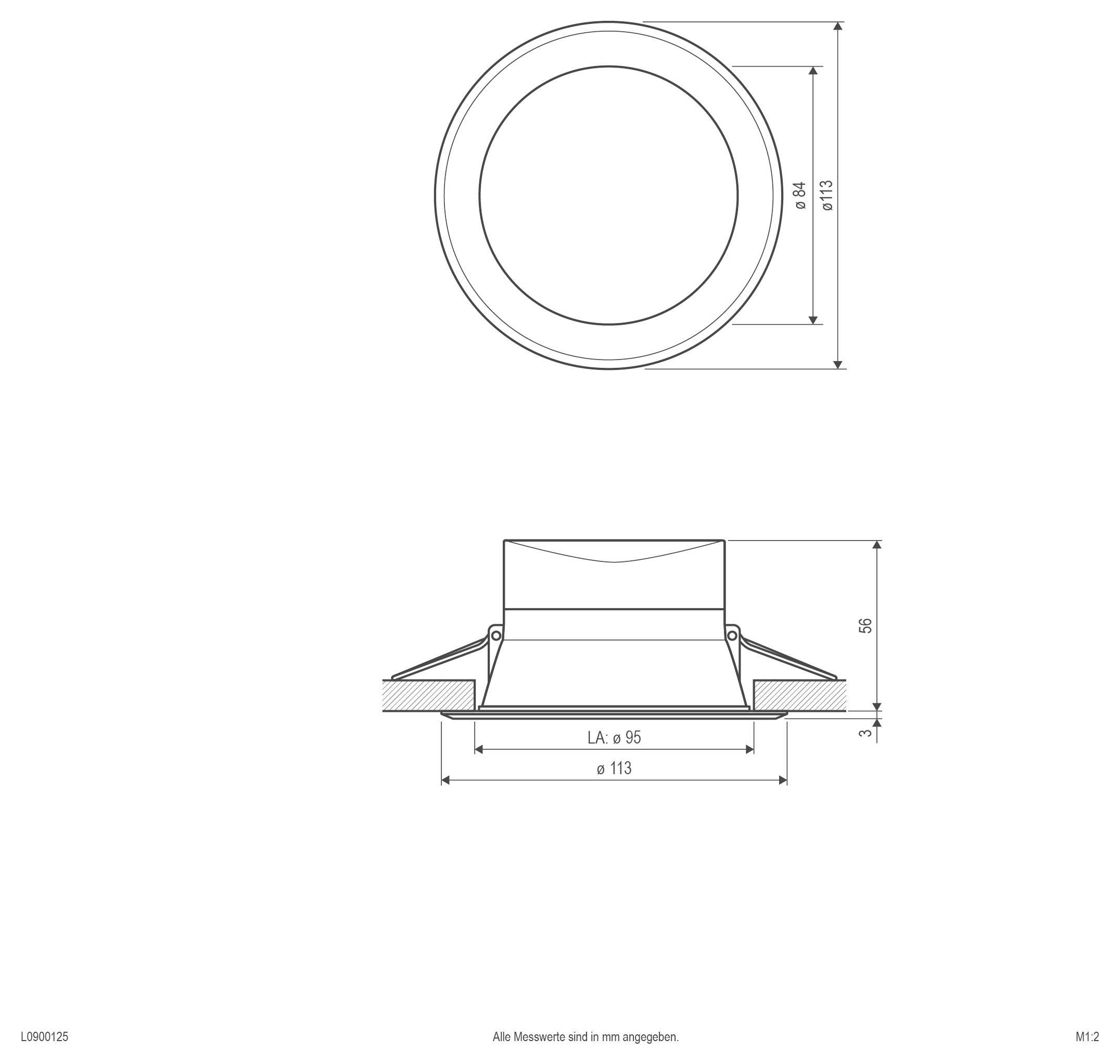 Technische Zeichnung einer kreisförmigen Einbaueinrichtung, dargestellt in Drauf- und Seitenansicht mit den Abmessungen Ø113, Ø84, LA 95, Höhe 56 und 3 mm Absatz.