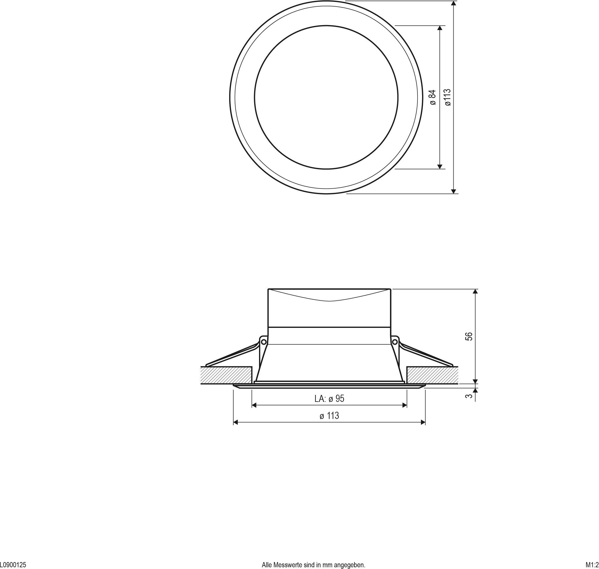 Technische Zeichnung einer runden Abdeckung mit Durchmesser 113 mm, Aufbauhöhe 58 mm, Einbautiefe 30 mm, Lochmaß 95 mm.