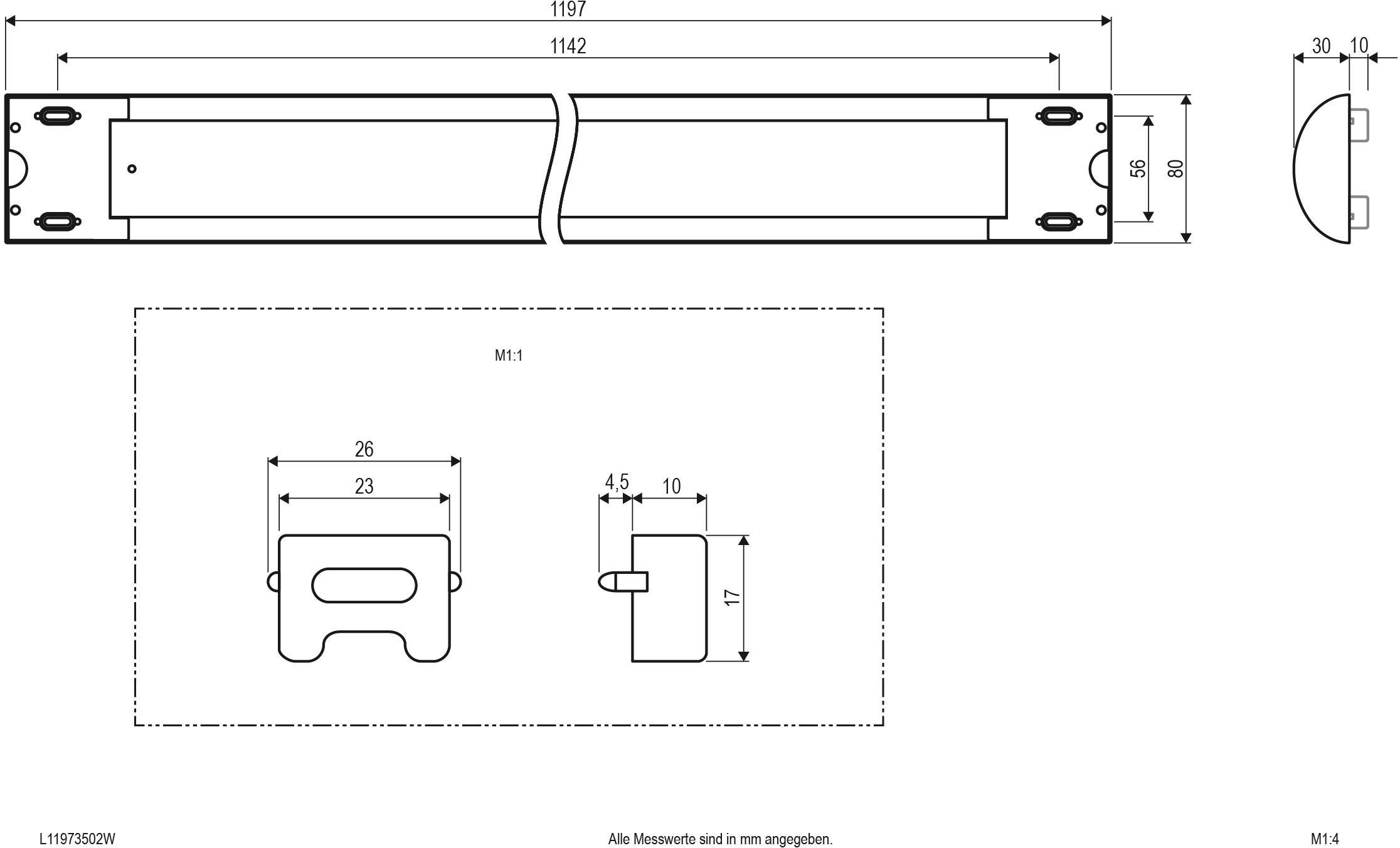 Technische Zeichnung einer schmalen LED-Leuchte mit Maßen: Länge 1197 mm, Breite 30 mm, Höhe 36 mm. Detailansichten enthalten.