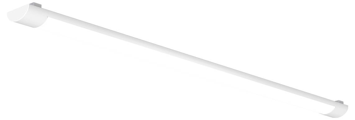 Ein langes weißes Leuchtstoffrohr, das diagonal auf weißem Hintergrund betrachtet wird.